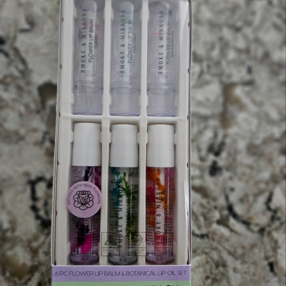 Smoke And Mirrors Flower Lip Balm & Botanical Lip Oil Set- Vegan, Real Flowers